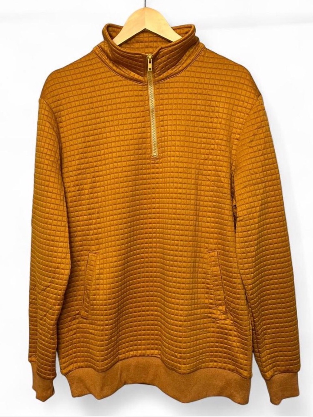 Coofandy Mens Quilted Half Zip Sweater Medium NWT Mustard Gold Pullover Mock Nec